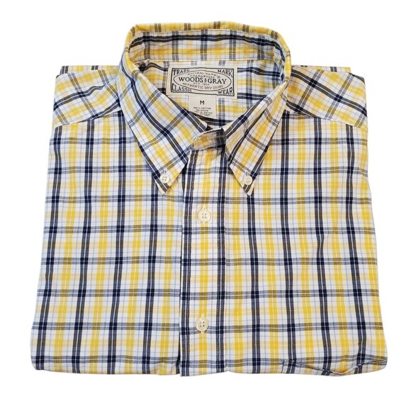 Woods & Gray Mens Button Up Blue Yellow Plaid Short Sleeve Shirt Size Medium - Picture 9 of 9